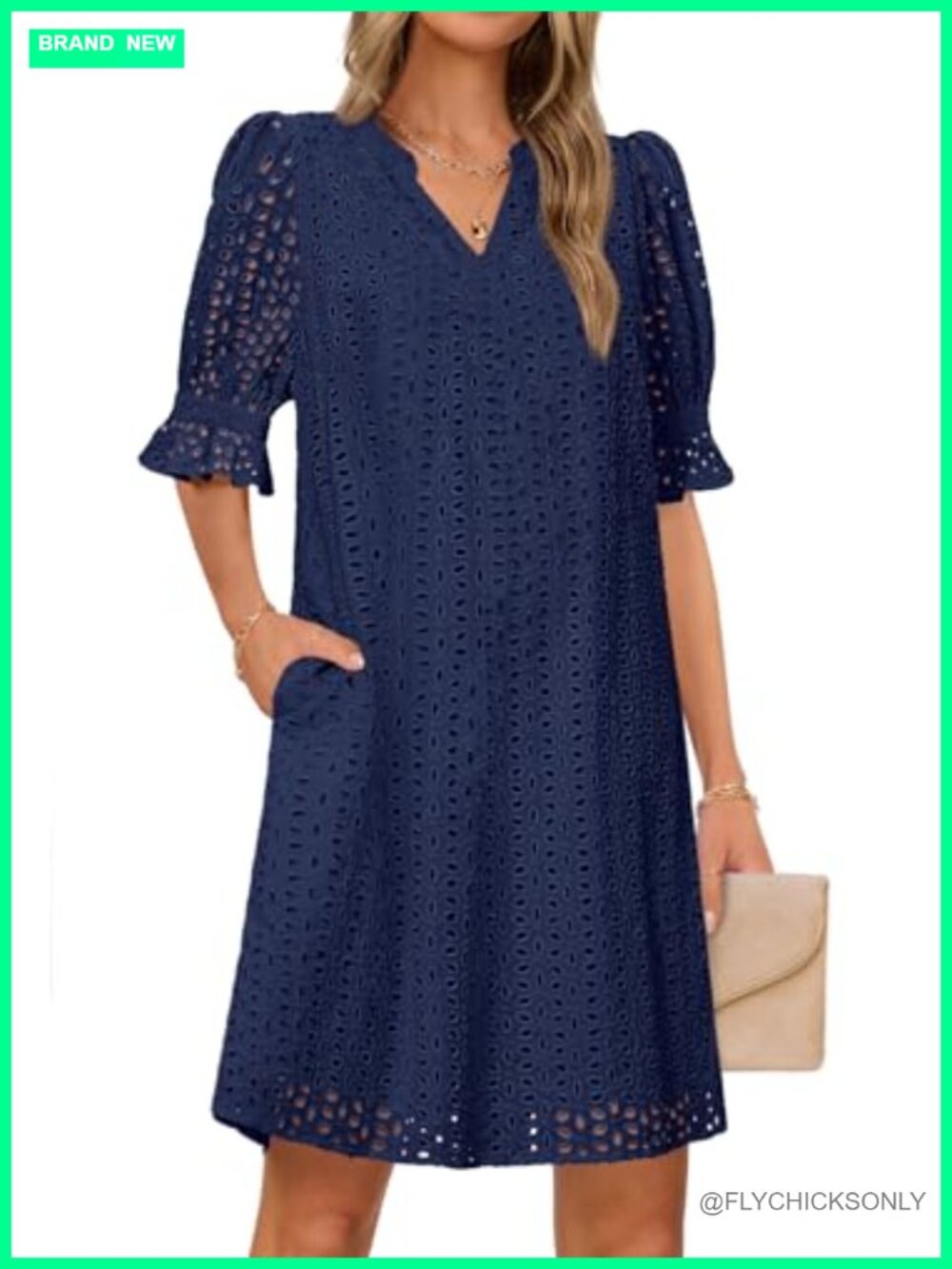 Women's Short Sleeve V Neck Lace Eyelet Mini Dress
